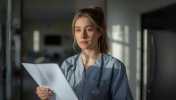 a female caregiver holding a legal document