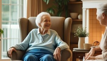 two old women talking while sitting at the couch