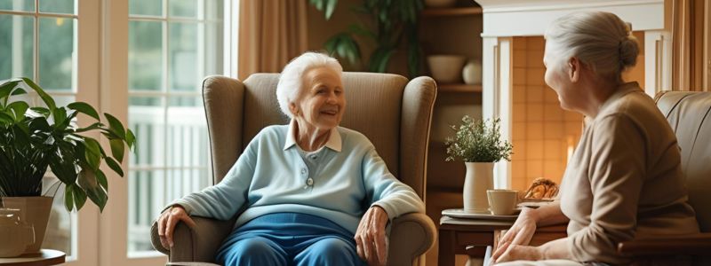 two old women talking while sitting at the couch