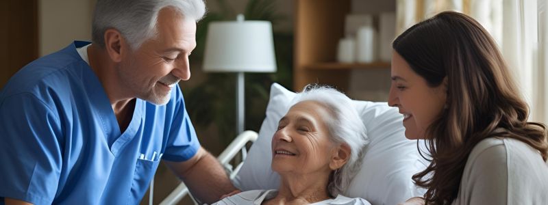 a senior lying in bed with a family member and caregiver