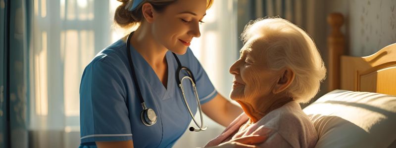 Nurse offering comfort to an elderly patient in a bedroom