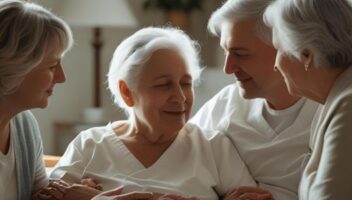 Hospice caregiver speaking with family members