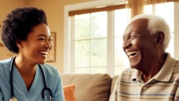 Senior man smiling with caregiver while seated on a couch
