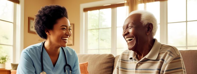 Senior man smiling with caregiver while seated on a couch