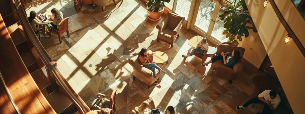 a brightly lit, inviting common area in an assisted living community, featuring residents engaged in lively conversation and participating in wellness activities, all within a warm, structured environment that promotes comfort and connection.