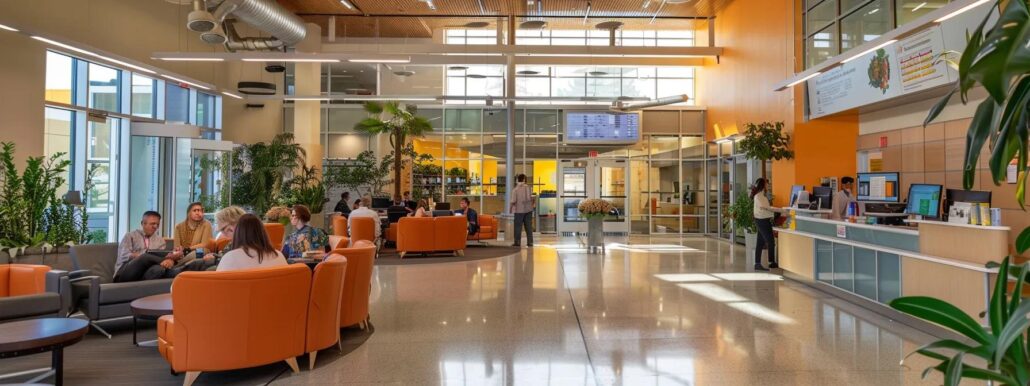 a brightly lit, modern office space filled with diverse professionals engaged in an animated discussion, surrounded by charts and evaluation reports on care services and staff competency in assisted living facilities.