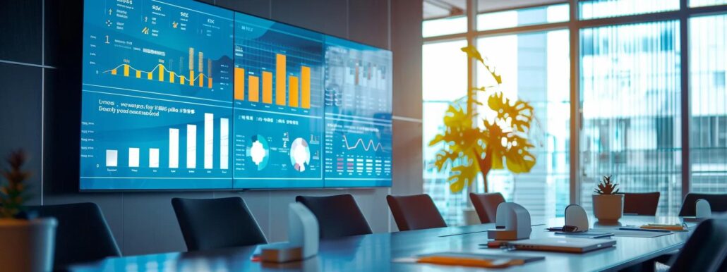 a detailed infographic displayed on a sleek conference room screen illustrates the complexities of assisted living pricing, featuring eye-catching graphs and clear icons that represent various service options and geographical cost variations in a professional urban environment.