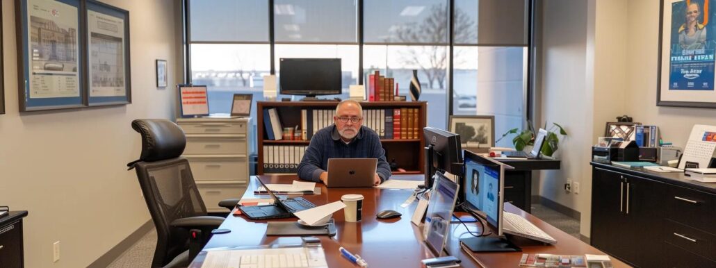 a focused individual sits at a sleek desk in a modern office, surrounded by open laptops and resource materials, intently researching assisted living options on multiple screens, embodying a sense of determination and clarity in the search for quality senior care.
