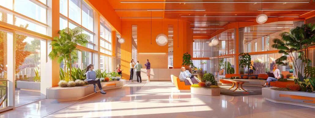 a modern assisted living facility lobby featuring welcoming staff engaging with residents, showcasing a vibrant community atmosphere with comfortable seating and interactive recreational spaces.