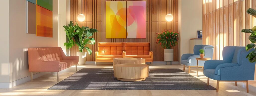 a modern, well-furnished assisted living facility lobby features a welcoming reception area with comfortable seating and vibrant artwork, symbolizing the diverse factors influencing expenses in senior care.