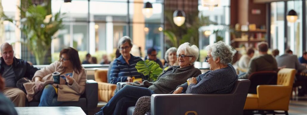 a modern, well-appointed assisted living facility lounge, showcasing cheerful residents engaged in communal activities, with warm, inviting lighting that emphasizes comfort and community.