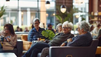 a modern, well-appointed assisted living facility lounge, showcasing cheerful residents engaged in communal activities, with warm, inviting lighting that emphasizes comfort and community.