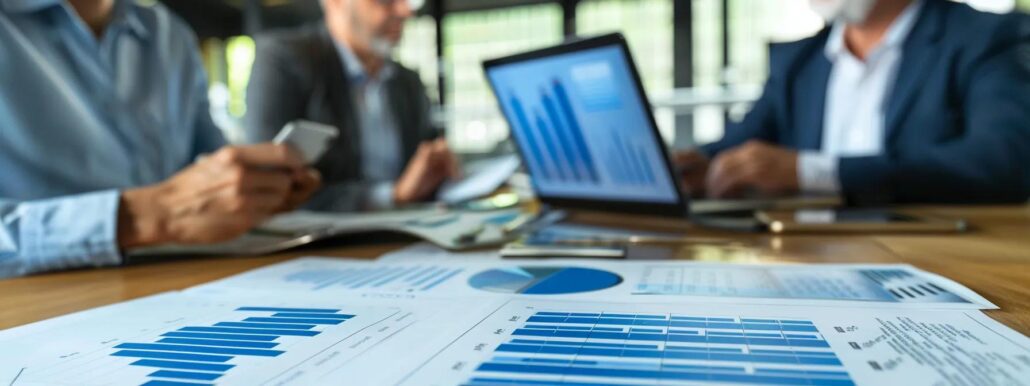 a sleek, modern office setting features a large digital display showcasing a detailed infographic comparing the costs of assisted living and other senior care options, with professionals engaged in thoughtful discussion around a polished conference table.