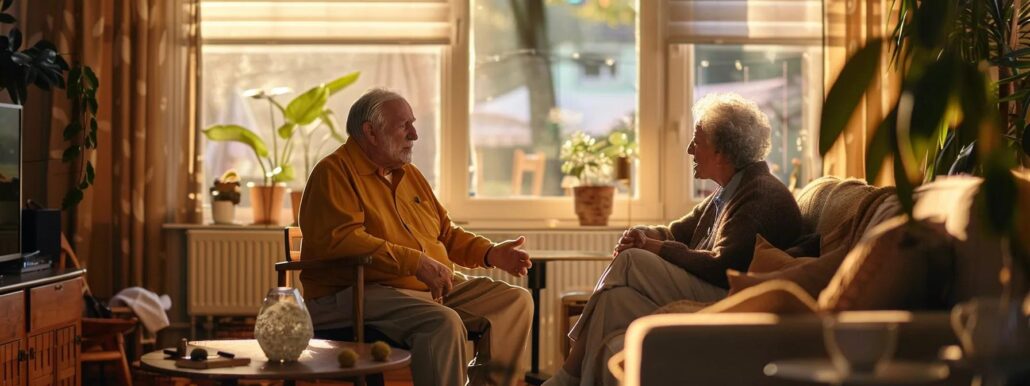 a thoughtful caregiver and an elderly client engage in a focused conversation in a warmly lit, modern living room, surrounded by comfortable furniture and assistive technology, embodying a supportive atmosphere for assessing in-home care needs.