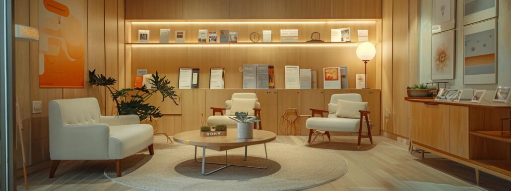 a thoughtfully arranged consultation space in an assisted living facility, featuring an inviting atmosphere with comfortable seating, soft ambient lighting, and informational brochures on display, symbolizes the critical decision-making process in choosing the right care environment.