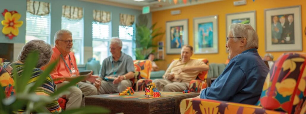 a vibrant activity room in an assisted living facility, filled with seniors engaged in lively group games, exchanging laughter and smiles, surrounded by colorful decorations that create an inviting and warm atmosphere.