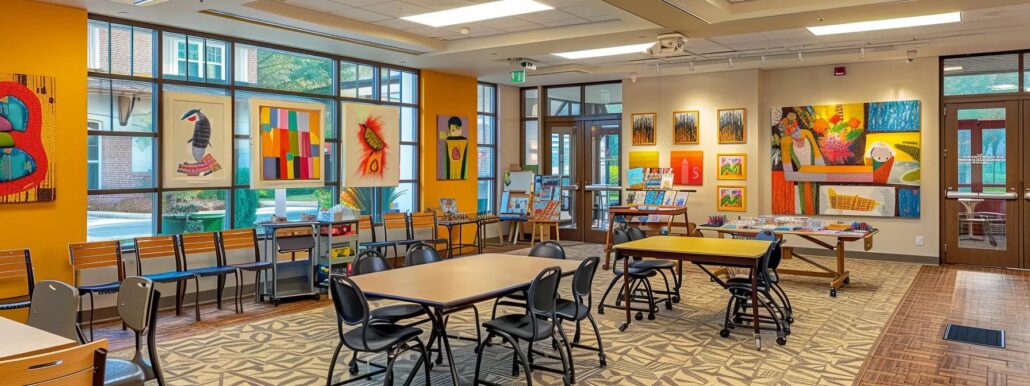 a vibrant activity room in an assisted living facility, where seniors engage in personalized hobbies like painting and crafting, surrounded by inspiring artwork and cheerful decor that reflect their unique interests and backgrounds.