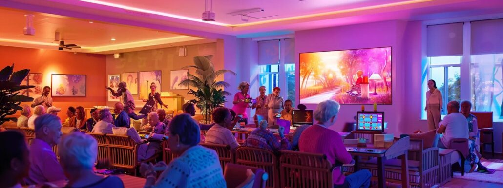 a vibrant and engaging activity room in an assisted living facility, filled with seniors animatedly participating in various brain-boosting puzzles and games, illuminated by warm, inviting overhead lighting that highlights their expressions of focus and accomplishment.