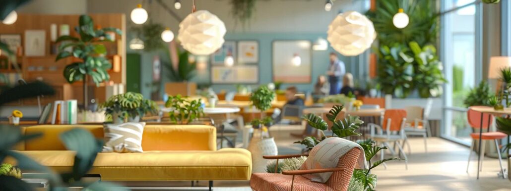 a vibrant and welcoming assisted living facility lobby, featuring modern furnishings and artful decor, with residents engaging in social activities and a serene dining area in the background, all illuminated by warm, inviting lighting.