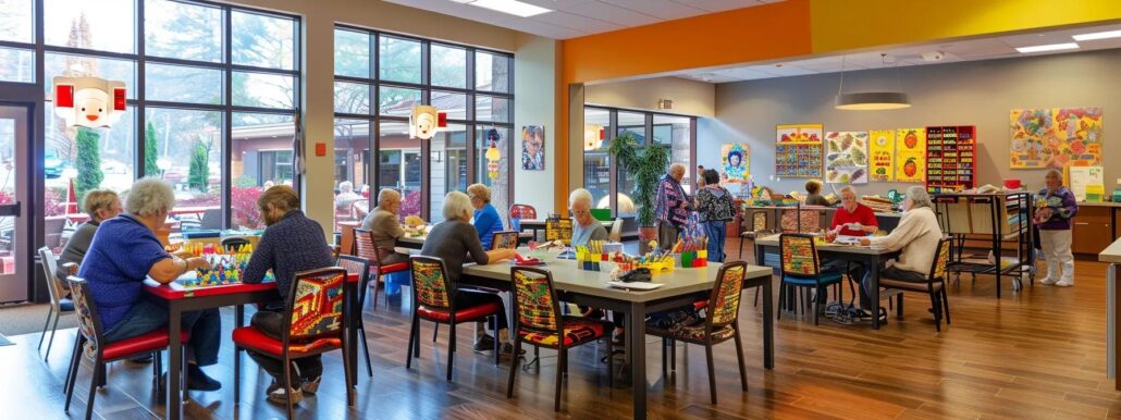 a vibrant communal area in an assisted living facility showcases seniors engaging in a lively arts and crafts activity, with colorful supplies scattered across the tables and bright, welcoming decor enhancing the sense of creativity and community.