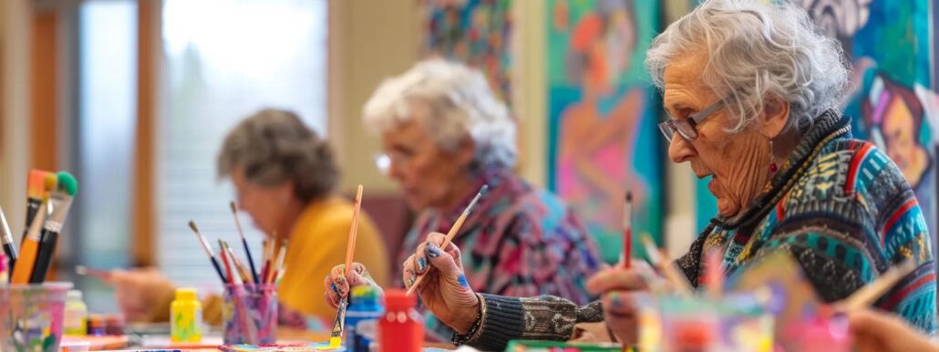 a vibrant, engaging art class in an assisted living facility, featuring seniors joyfully immersed in painting and crafting activities, surrounded by colorful art supplies and decorated walls showcasing their creative works, all captured in warm, inviting indoor lighting that enhances the atmosphere of connection and self-expression.