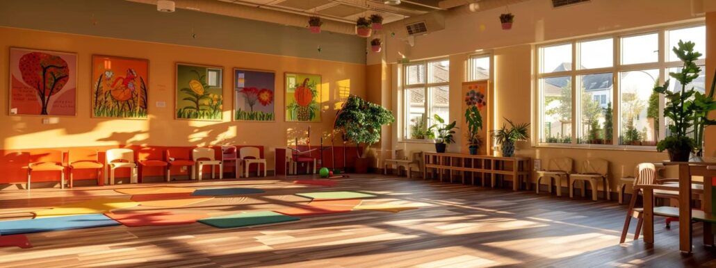 a vibrant indoor activity room in an assisted living facility, filled with seniors energetically engaging in tailored exercise routines, surrounded by motivational posters that highlight the benefits of physical well-being and independence.