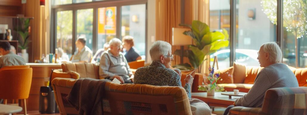 a vibrant, inviting assisted living facility interior showcases comfortable communal spaces with seniors engaging in cheerful conversations, surrounded by stylish furnishings and warm, ambient lighting.