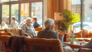 a vibrant, inviting assisted living facility interior showcases comfortable communal spaces with seniors engaging in cheerful conversations, surrounded by stylish furnishings and warm, ambient lighting.