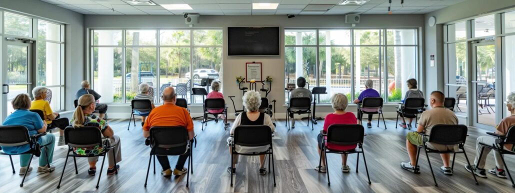 a vibrant, modern assisted living community gym filled with seniors engaging in diverse fitness classes and wellness workshops, showcasing a strong focus on both physical and mental health.