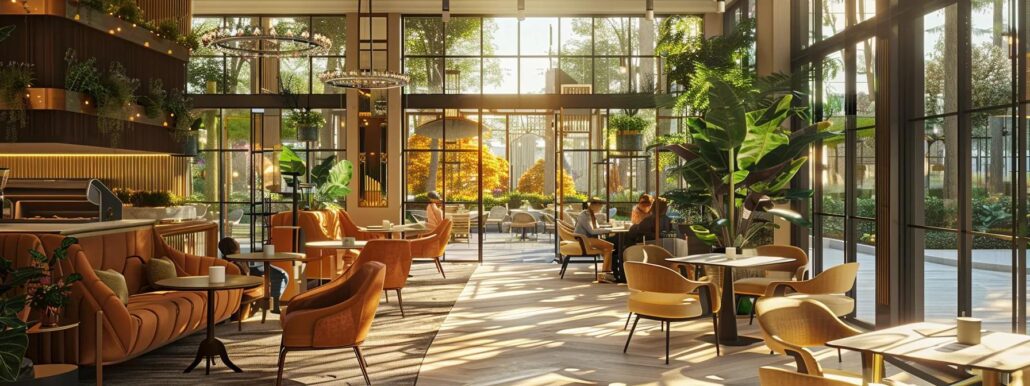 a vibrant, welcoming atmosphere in an elegant assisted living community, featuring residents engaged in interactive wellness activities and enjoying nutritious meals together in a modern, well-designed dining area.