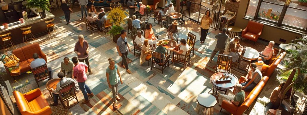 a vibrant, well-lit common area in an assisted living community bustling with lively residents engaging in various activities like a cooking class and a dance circle, showcasing the warmth of human connections and enriched social interactions.