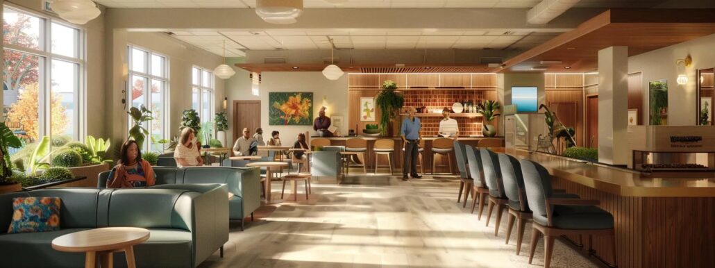a warm, inviting assisted living facility lounge features attentive staff engaging with residents, personalized care plans visibly displayed, and comfortable seating that fosters a sense of community and well-being.