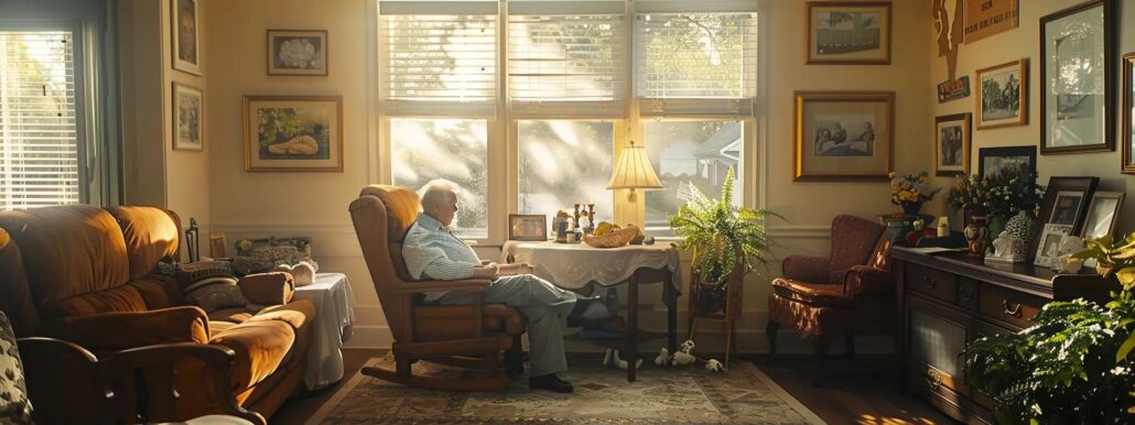 a warm, inviting living room setting features an elderly person engaged in a thoughtful discussion with a caregiver, surrounded by personal mementos that reflect the importance of choosing between in-home care and assisted living.