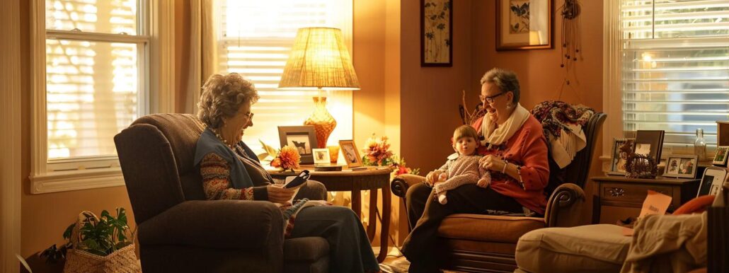 a warm, inviting living room showcases a comforting in-home senior care service, featuring a cozy armchair, a side table with engaging activities, and a subtle, professional caregiver attentively interacting with a joyful senior, all under soft, ambient lighting that emphasizes the homely atmosphere.