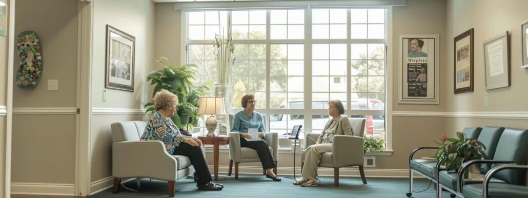 a well-lit office consultation room showcases an elderly individual thoughtfully discussing their personal care needs with a compassionate care advisor, surrounded by informative brochures and healthcare materials, emphasizing the importance of tailored assistance in selecting an assisted living facility.