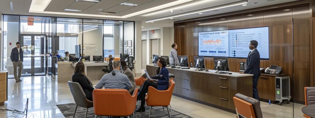 a well-organized financial planning meeting unfolds in a sleek, modern office, featuring a diverse group of professionals collaborating over detailed charts and calculators, conveying a sense of determination and clarity in navigating assisted living costs.