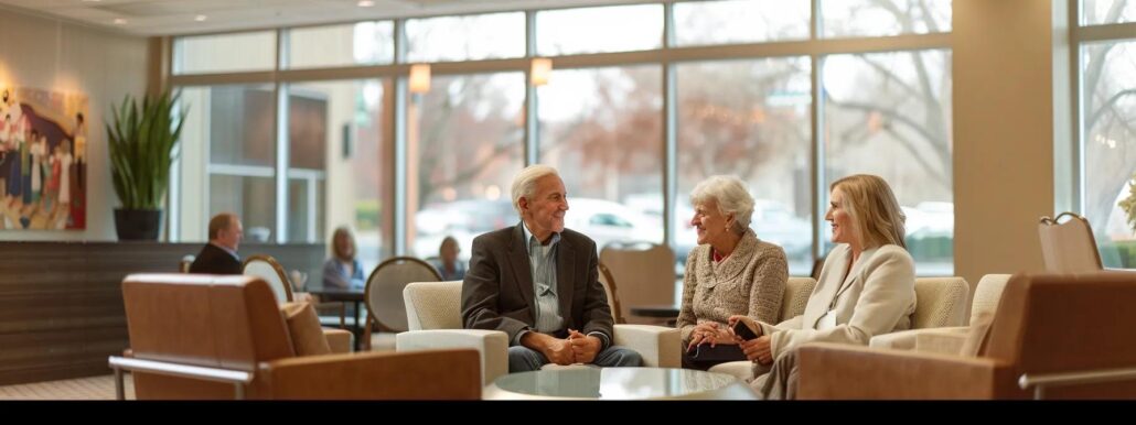 a well-lit, modern office space with an inviting atmosphere, featuring a knowledgeable advisor engaging in a thoughtful conversation with an elderly couple, highlighting the process of selecting the perfect assisted living facility.
