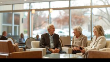 a well-lit, modern office space with an inviting atmosphere, featuring a knowledgeable advisor engaging in a thoughtful conversation with an elderly couple, highlighting the process of selecting the perfect assisted living facility.