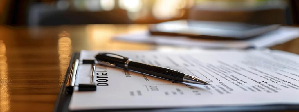 a well-organized office desk features a sleek laptop open to a detailed assisted living contract, surrounded by professional documents and a modern pen, illuminated by soft artificial lighting that highlights the importance of clarity in agreements.