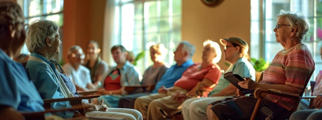 an engaged group of seniors enthusiastically participating in a vibrant community service project within a well-lit assisted living space, showcasing their collective energy and sense of purpose.