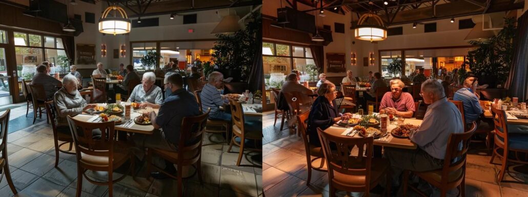 an inviting assisted living community dining area is filled with cheerful seniors engaging in lively conversation over beautifully arranged, chef-prepared meals, with warm lighting enhancing the atmosphere of connection and care.