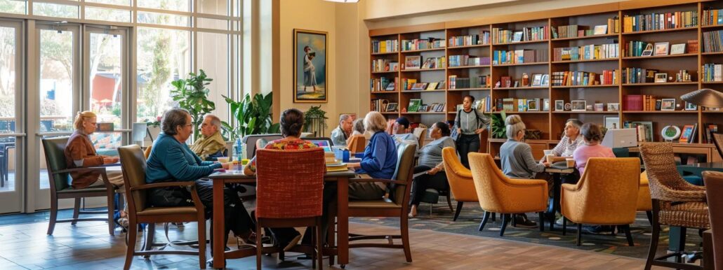 an inviting assisted living community space filled with engaged residents participating in vibrant educational workshops, surrounded by shelves of diverse books and interactive technology displays, illustrating a dynamic environment of intellectual stimulation and lifelong learning.