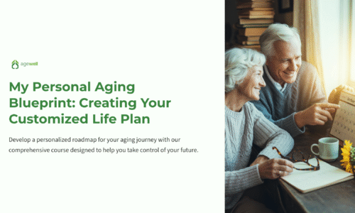 Elderly couple reviewing a personalized aging blueprint document, promoting a customized life plan for healthy living and wellness, with a warm and inviting atmosphere.