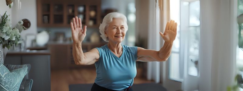 an old woman stretching while sitting