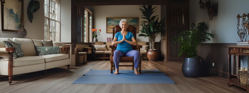 a senior doing chair yoga