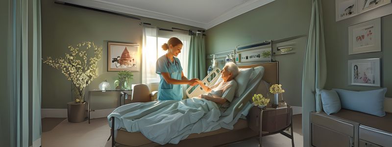Compassionate caregiver holding hands with elderly patient receiving palliative care