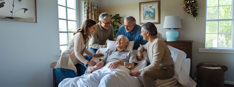 Family gathering around hospice patient in comfortable home setting