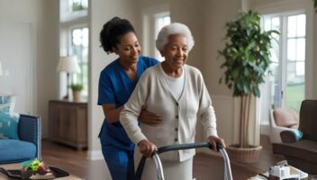 Personal care aide assisting older adult with walking support
