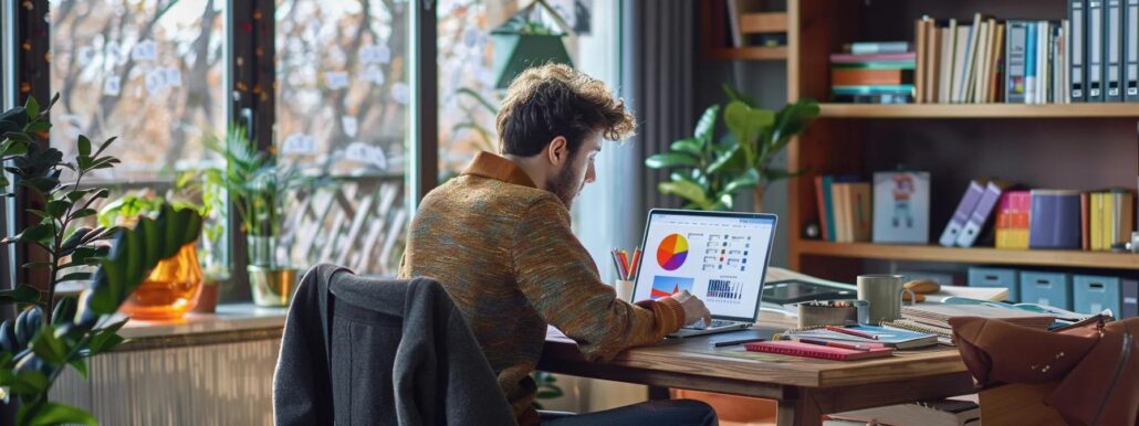 a senior student engaged in an online learning session, seated at a spacious desk in a modern home office, surrounded by open books and a laptop displaying a colorful interactive course interface.