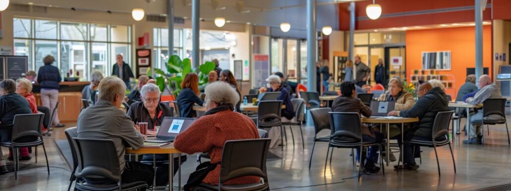 a vibrant urban community center setting showcases a diverse group of seniors engaged in a digital literacy workshop, illuminated by warm overhead light as they explore devices and interact with technology, symbolizing the empowerment of connection and safety in the digital age.